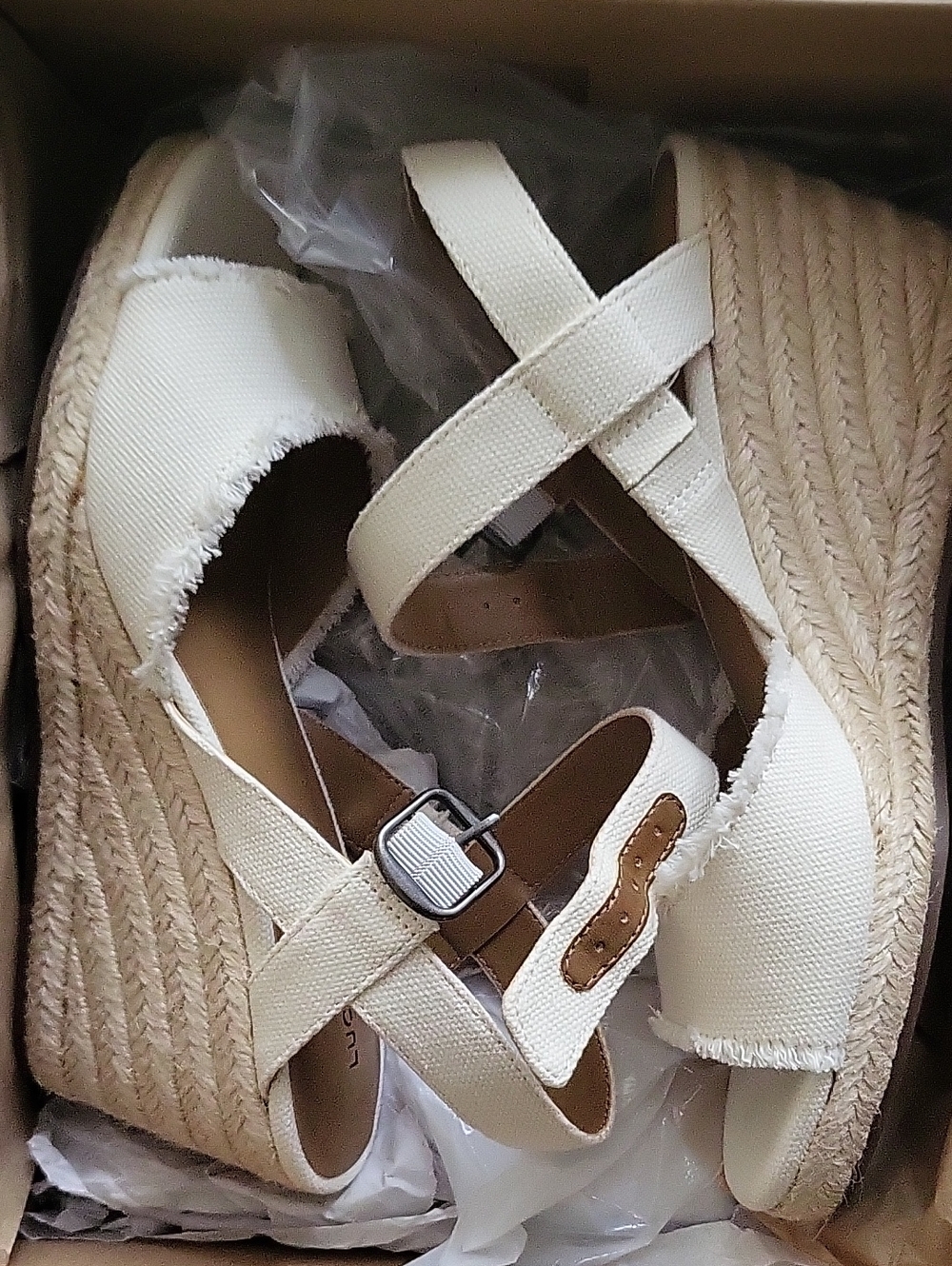 Lucky Brand Cream Espadrille Wedge Sandals with Cross Straps